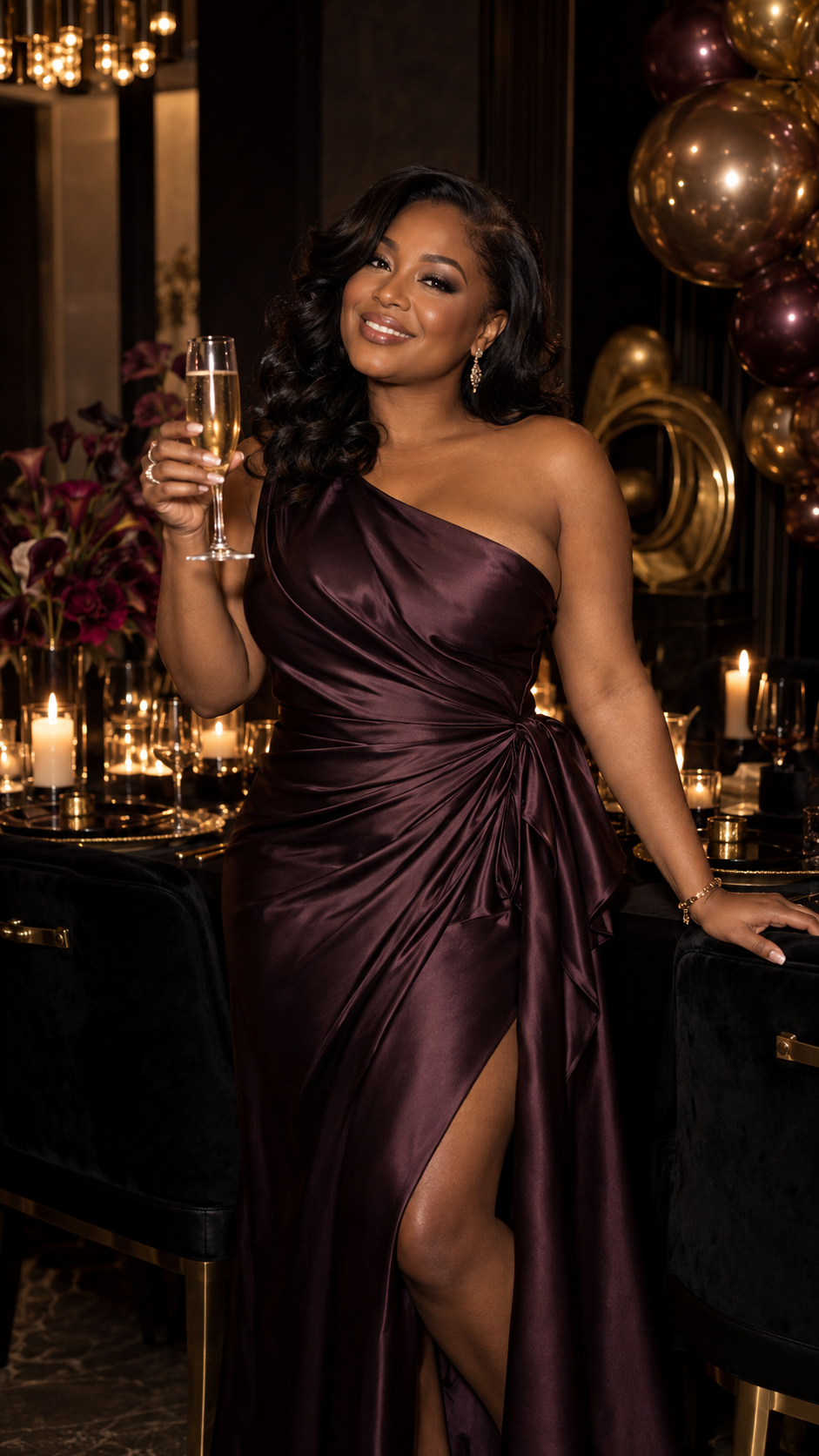 A woman raising a champagne glass at an elegant milestone birthday celebration