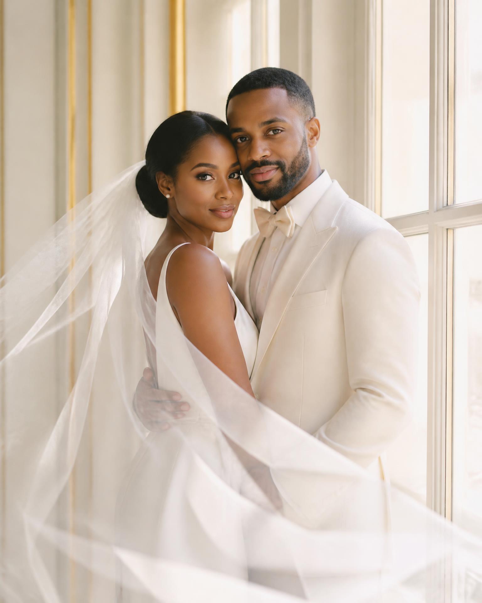Elena Hart and Marcus Reed sharing a quiet wedding-day moment beneath a flowing veil